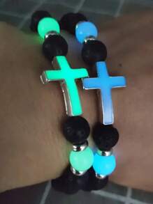 2pcs Vintage Lava Stone Glow In The Dark Bead Bracelet, Multi-Color Elastic Cross Beaded Bracelets For Men