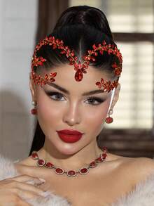 1pc Handmade Sparkling Rhinestone Bridal Headband, Wedding Bride Bridesmaid Hair Accessory, Suitable For Party, Prom, Holiday Gift Valentine's Day Accessories - Red - View 3