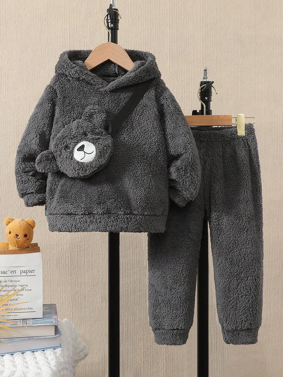 Bộ đồ thể thao thường ngày cho bé trai mặc hàng ngày, mùa đông, áo hoodie và quần dài màu trơn - Xám - Xem 1