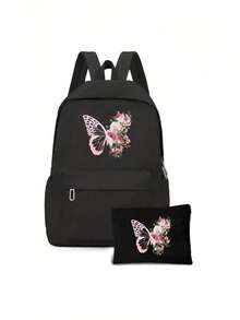 蝴蝶印花大号背包，适合少女，学生背包，时尚黑色青少年背包，适合学校和大学使用；经典长款拉链钱包，大容量，颜色和款式随机；返校笔记本电脑包和保护套 - 黑色 - 查看 3