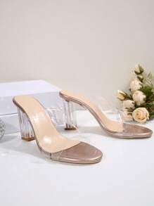 1 Pair Girls/Teenage High Heel Sandals, Transparent Crossing Straps, Round Toe, Slip-On, PU Material, Comfortable & Anti-Slip, Heel Height 8.5cm, Suitable For Teens, Party, Holiday Wear, 2025 Spring/Summer New Arrival