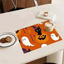 4pcs Halloween Ghost Print Placemats Set, Woven Polyester Rectangular Table Mats, Hand Wash Only, Kitchen & Home Decor, Indoor & Outdoor Dining Decoration - Multicolor - View 22