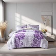 7 Pieces Chic Floral  Printed Bed Comforter Sets, Queen King, Soft And Comfortable Summer Bedding Sets, Bed In A Bag, Hotel Bedroom Room Decoration, 1 Comforter 2/4 Pillowcases, 1 Flat Sheet And 1 Fitted Sheet, Perfect Gift For All Four Seasons - Màu tím - Xem 2