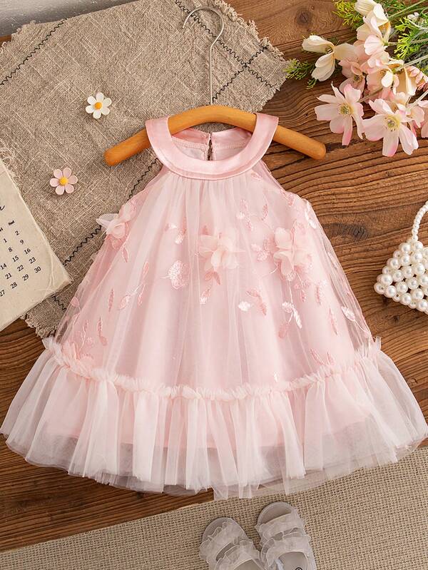夏季女婴花朵刺绣纯色网眼无袖 V 领公主裙，优雅透明派对婚礼花童礼服