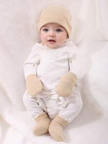 3pcs/Set Newborn Baby Soft Beanie Hat + Gloves + Socks Set - Khaki - View 1
