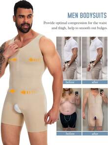 Men Full Body Shaper Compression Bodysuit Tummy Control Chest Control Slimming Underwear Zipper Men Shapewear - Beige - View 2