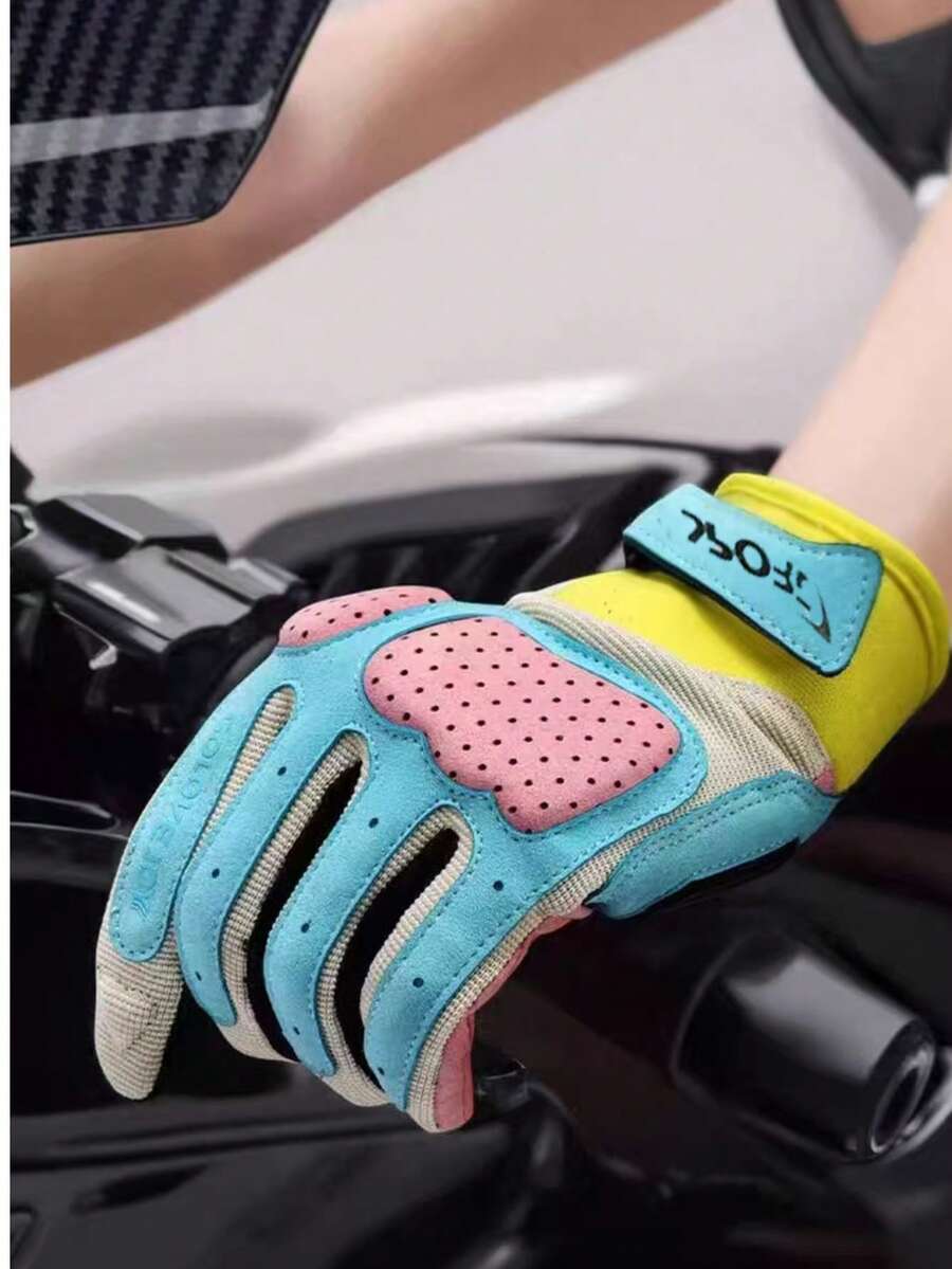 Women Motorcycle Riding Gloves, Summer Thin Non-Slip Wear-Resistant Contrast Color Macaroon Biker Gloves - Pink - View 1