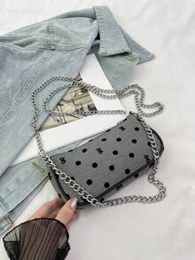 新款百搭牛仔水钻装饰小方包，女士时尚链条单肩包，日常/工作使用，单肩/斜挎包，送礼佳品 - 黑色 - 查看 4