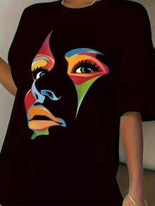 Women's Round Neck T-Shirt With Colorful Artistic Face Print, Fashion Women's Face Print T-Shirt, Casual Short Sleeve T-Shirt, Promotion Women's Blouse, Comfort For All Seasons - 黑色 - 查看 2