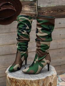 波西米亚风女士尖头迷彩荷叶边时尚高跟靴 - 軍綠色 - 查看 6