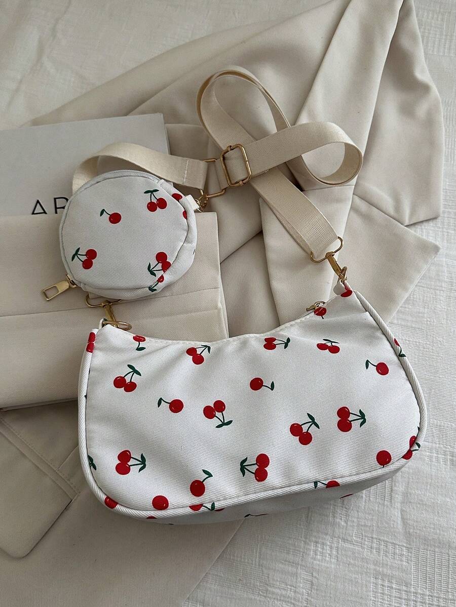2pcs Set: Mini Geometric Pattern Square Coin Purse & Classic Women Crossbody Bag With Hanging Pouch, Cherry Blossom Design