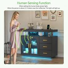 LED Sideboard Buffet Cabinet With Charging Station, Kitchen Storage With Auto RGB Lighted, High Gloss Coffee Bar With 3 Drawers For Living Room, Dining Room, Kitchen - màu đen - Xem 7