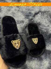 With Gold Panther Rhinestone Inlay Style,House Slippers Are Comfortable, Soft, Fashionable, And Can Be Worn Outside Or At Home. They Are A Choice For Trendsetters,Shoes Women Slippers,Fluffy Slippers,Slippers,Black Minimalist Fuzzy Bedroom Slippers,White Shoes,Gray Shoes