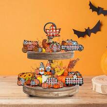 1/100 Sets Available, 8 Pcs/Set Rural Happy Fall Plaid Pumpkin Dwarf Mini Wooden Retro Desktop Layered Tray Decoration, Autumn Thanksgiving Themed Farmhouse Decoration, Home Decoration (No Tray) - Multicolor - View 4