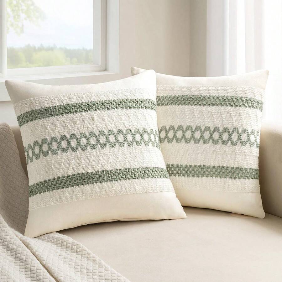 1pc Bohemian Throw Pillow Case, Farmhouse Decorative Cushion Cover For Sofa, Bed, Living Room - Light Green - View 1