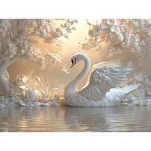 5D 钻石画套装 - 优雅的天鹅和莲花池场景，圆形亚克力钻石，充满活力的墙壁艺术家居装饰，具有闪亮效果，工艺套装含钻石画配件 - 彩色 - 查看 2