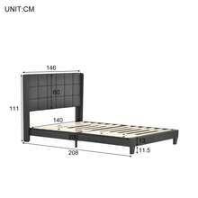 Upholstered Bed With Its Upholstered Headboard Double Bed With Slatted Frame, 140x200cm, In Grey Linen, Medium Firm (With Spring Mattress) - Gray + Linen - View 4
