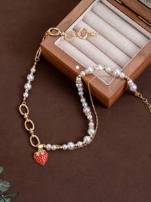 1 set de collier de luxe premium avec cœur et perle pour femmes, bijoux d'été polyvalents