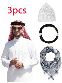 3-Piece Set Arabic Men's Headscarf, Middle East Dubai Shawl Scarf, Includes 1 Solid Bohemian Polyester Headband And 1 Hand-Knitted White Cap, Boho Style, Suitable For Middle East Travel/Arabic Outfit/Bohemian Fashion
