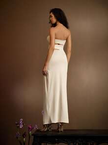 Glamine Váy xẻ khoét hở lưng không dây cho nữ - Màu be - Xem 7