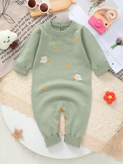 Enterizo de punto con bordado de conejito y zanahoria, un look adorable para bebé y niño pequeño en otoño