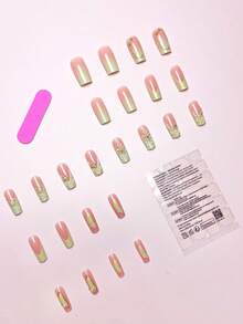 Mejora instantáneamente tu apariencia con un set de 24 piezas de uñas postizas de estilo francés de longitud media en color verde claro, con patrones de perlas 3D, ondas de agua, flores y líneas doradas, con acabado degradado de perlas y brillo, uñas artificiales de estilo presión, agregando un toque de romance y haciéndote lucir talla grande dulce. Accesorios para uñas - Multicolor - Ver 3