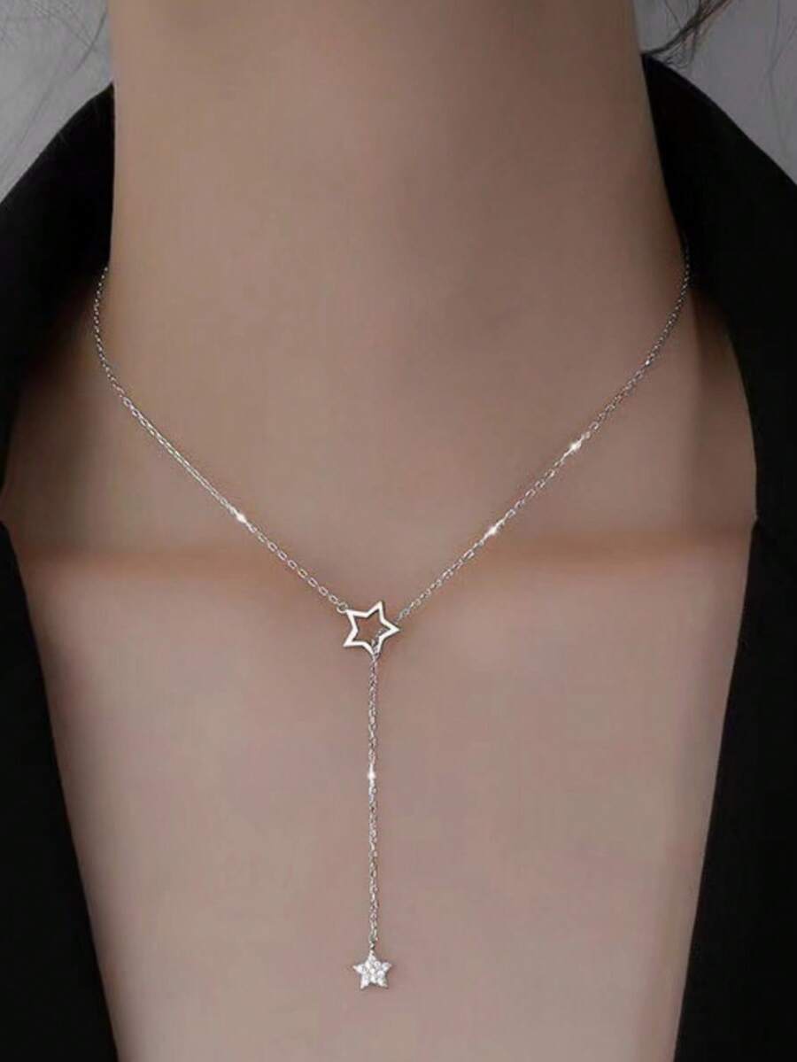 1 件银色简约 Y 形星形吊坠项链，适合女性日常佩戴、约会、生日、婚礼、派对（避免接触水） - 銀色 - 查看 1