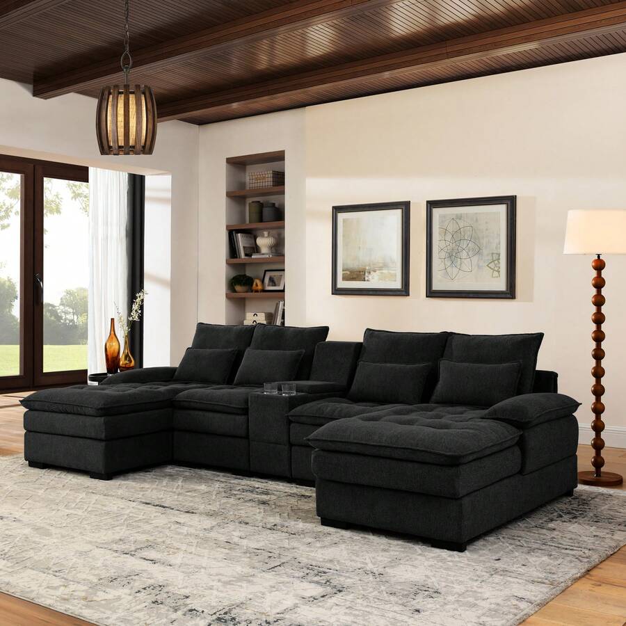 130" U-Shaped Sectional Sofa With Cup Holders, 6-Seater Modular Sleeper Couch With  & Console, Modern Luxury Convertible Sofa Set For Living Room, Apartment, Home Theater, Comfortable Upholstered Sofa Set With Double-Layer Cushion (High-Density Foam + Pocket Springs), Sleeper Couch With Durable Linen Upholstery, Sturdy Wood & Iron Frame, Home Decor - 黑色 - 查看 1