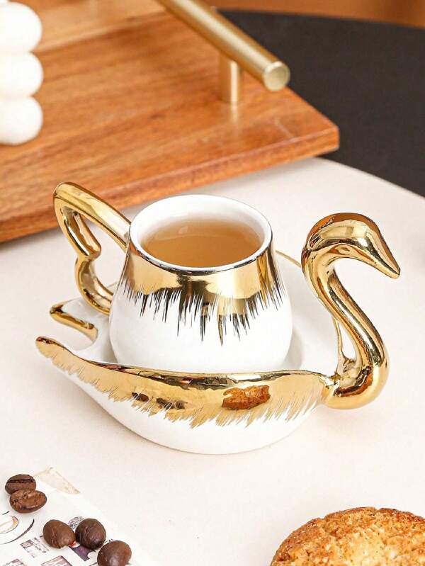 1pc Ceramic Creative Swan Gold Plated Coffee Cup & Saucer Set, Suitable For Home, Kitchen, Dining, Living Room - Used For Tea, Coffee, Milk, Juice, Also For Outdoor, Wedding, Party, Gift, Birthday, Christmas