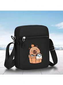 1 件，创意水豚印花黑色迷你斜挎包 - 适合休闲外出的运动包，轻质涤纶衬里，可调节肩带 - 黑色 - 查看 3