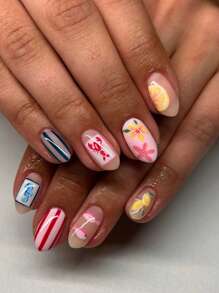 24 piezas de uñas de almendra con estilo de vacaciones en el océano de verano, diseños de caballito de mar, peces, grafiti, uñas postizas dulces y geniales para mezclar y combinar, langosta, fruta, limón, flor, rayas, esenciales para fiestas, viajes y playa, que incluyen 1 pieza de pegamento de gelatina y 1 lima de uñas