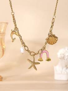 1 时尚创意海洋系列贝壳海星海豚仿小珍珠吊坠波西米亚风镀金不锈钢锁骨链沙滩项链女沙滩派对度假休闲百搭女士饰品 - 金黃色 - 查看 1