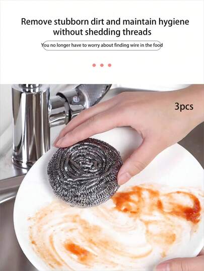 3pcs/Set Stainless Steel Scouring Pads, Non-Shedding Cleaning Scrubber For Kitchen, Dishes, Floor & Bathroom