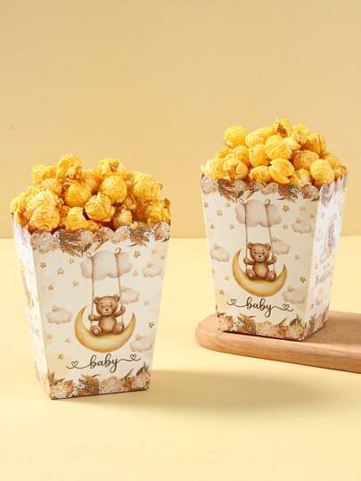 10/20 piezas Contenedor desechable de palomitas de maíz con tema de fiesta de bienvenida de osito marrón, lindo patrón de oso marrón con nubes oscilantes para revelación de género, perfecto para fiesta de 1er cumpleaños, fiesta de recién nacido, caja de palomitas de papel, bandeja para revelación de género, regalo de fiesta de bienvenida, decoración de fiesta de bienvenida, decoración de revelación de género, adecuado para palomitas de maíz, copos de maíz, barbacoa, caja de comida de picnic (palomitas de maíz no incluidas)