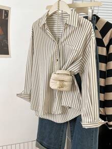 女士休闲日常纽扣长袖条纹衬衫