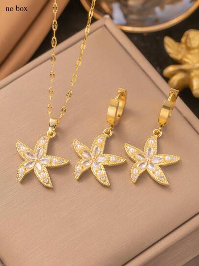 Set de 3 piezas de joyería para mujer con colgante y aretes con forma de estrella de mar blanca, diseño creativo de estilo minimalista y romántico, moda clásica para uso casual diario, para fiestas y días festivos (bolsa de OPP y caja solo para fotografía)