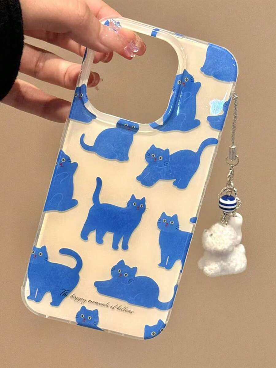 Cute Cartoon Blue Cat Full Screen Phone Case With Lanyard, Suitable For IPhone 16 Pro Max, 15/14 New Models, 13/12/11 Waterproof Shockproof Anti-Fall Scratch Resistant - Blue Cat - View 1