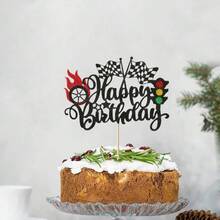 1 件赛车生日快乐蛋糕装饰闪光交通灯奖杯旗帜车轮赛车蛋糕挑选让我们去赛车主题淋浴生日派对蛋糕装饰用品，汽车蛋糕装饰，汽车生日蛋糕装饰赛车蛋糕装饰赛车方格旗主题生日派对用品