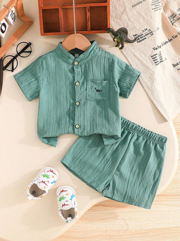 2pcs/Set Baby Boy Summer Plain Short Sleeve Buttoned Cardigan Shirt With Pockets & Matching Plain Shorts, Casual Outdoor Fashion