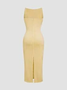 Elegant Basic Casual Special Texture Fabric Elegant Minimalist Unique Design 3D Line Slim Fit Straight Midi Dress - Yellow - View 7
