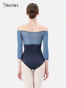 DonsGirl دانس جيرل قطعة واحدة للمرأة تصميم ساعد ثلاثي الأرباع مثير بإكتاف مكشوف مع تصميم شبكي متباين الألوان لزي الباليه والرقص والتمارين الرياضية بلدي حلو فتاة ياجا ملابس أداء رياضية - أزرق بحري - مشاهدة 12