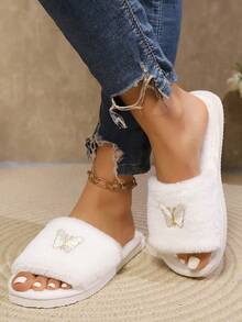 Women's Casual High-End Fashion Butterfly Embroidered Plush Slippers, Open Toe House Slippers, Soft & Comfortable Soft-Sole Lightweight, Suitable For Wedding Season, Halloween, Living Room And Bedroom, All Season - White - View 5