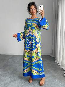 Vestido abaya de mujer de estilo oriental, vestido largo y suelto con cuello redondo, bloque de color, estampado floral, manga larga, manga con volantes, elegante estilo de vacaciones, vestido maxi casual de otoño/invierno, vestido de noche