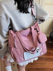 1 pieza Bolso de mujer tipo tote de nylon rosa, simple y ligero, de gran capacidad, bolso de hombro plegable, estilo universitario/escolar, con múltiples bolsillos, bolso de moda lindo con monedero.