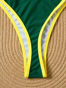 Bikini con cuello en V y parte delantera anudada, con bloques de color, sexy para mujeres, ideal para la playa y vacaciones de verano - Verde - Ver 4