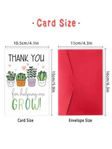 Teacher Appreciation Greeting Card With Envelope - Cute Plant Illustrations, Premium Paper Material - Expressive Thank You For Helping Me Grow Card Gift For Educators, Mentors, And Tutors