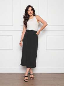 Women's Midi Skirt Side Detail Fake Zipper Pocket At The Back
