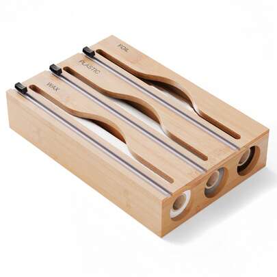 1 pieza Dispensador de film envolvente de plástico de bambú, organizador de cocina de bambú, caja de almacenamiento de papel de aluminio y film envolvente, apta para la cocina