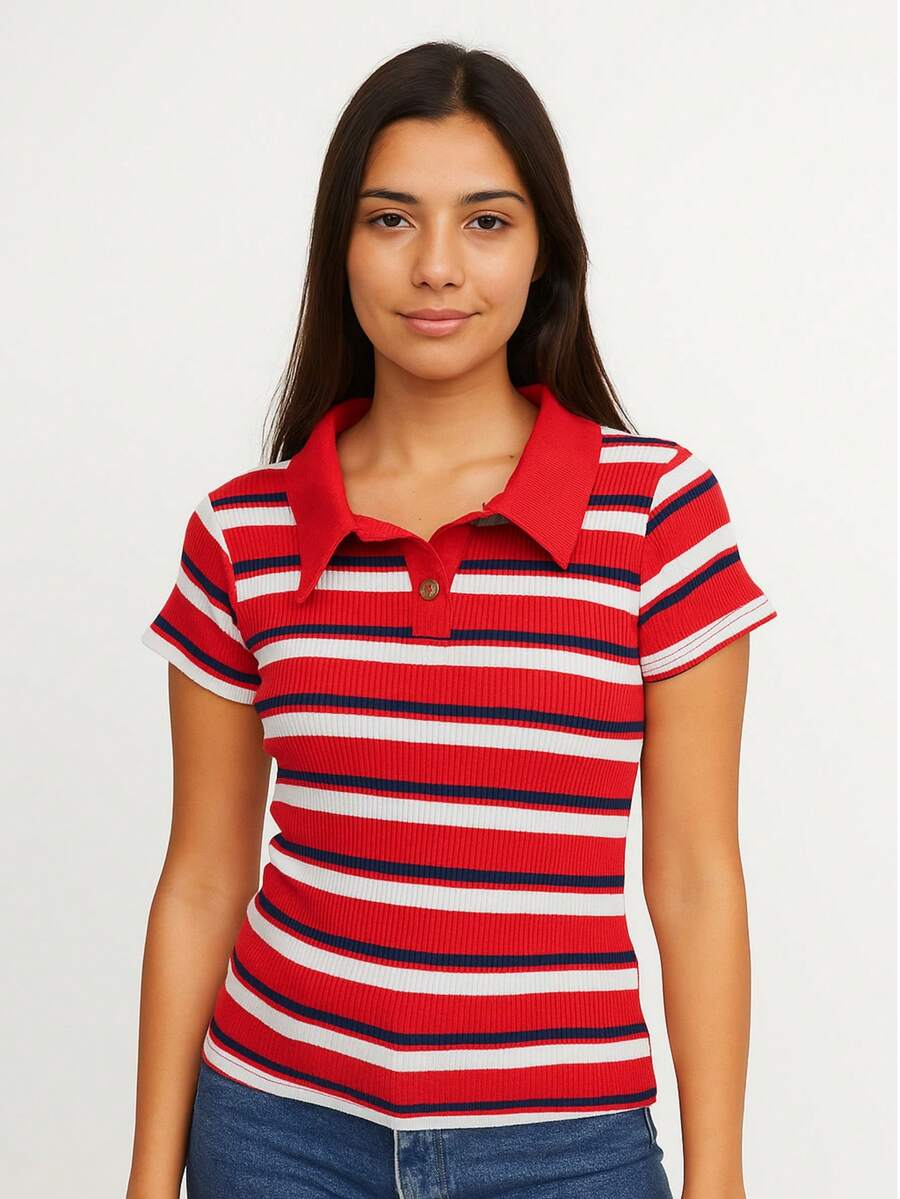 Blusa playera polo dama mujer tejida casual rallas rayas multicolor botones cuello polo acanalado moderno clasico comodo juvenil primavera verano calor dia diario picnic aesthetic salida y2k - Rojo - Ver 1