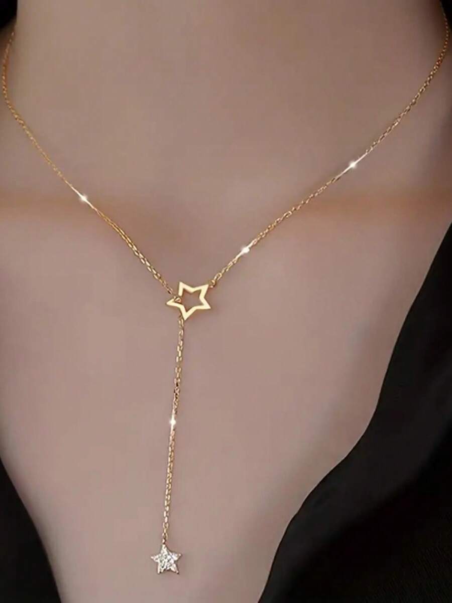 1 Dây chuyền mặt ngôi sao hình chữ Y tối giản, màu vàng, thích hợp cho trang phục hàng ngày của phụ nữ, hẹn hò, sinh nhật, đám cưới, tiệc tùng (Tránh tiếp xúc với nước) - Vàng - Xem 1